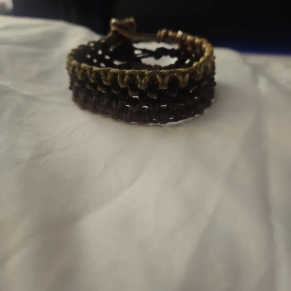 Handmade Brown and Tan Woven Hemp Bracelet with Charm